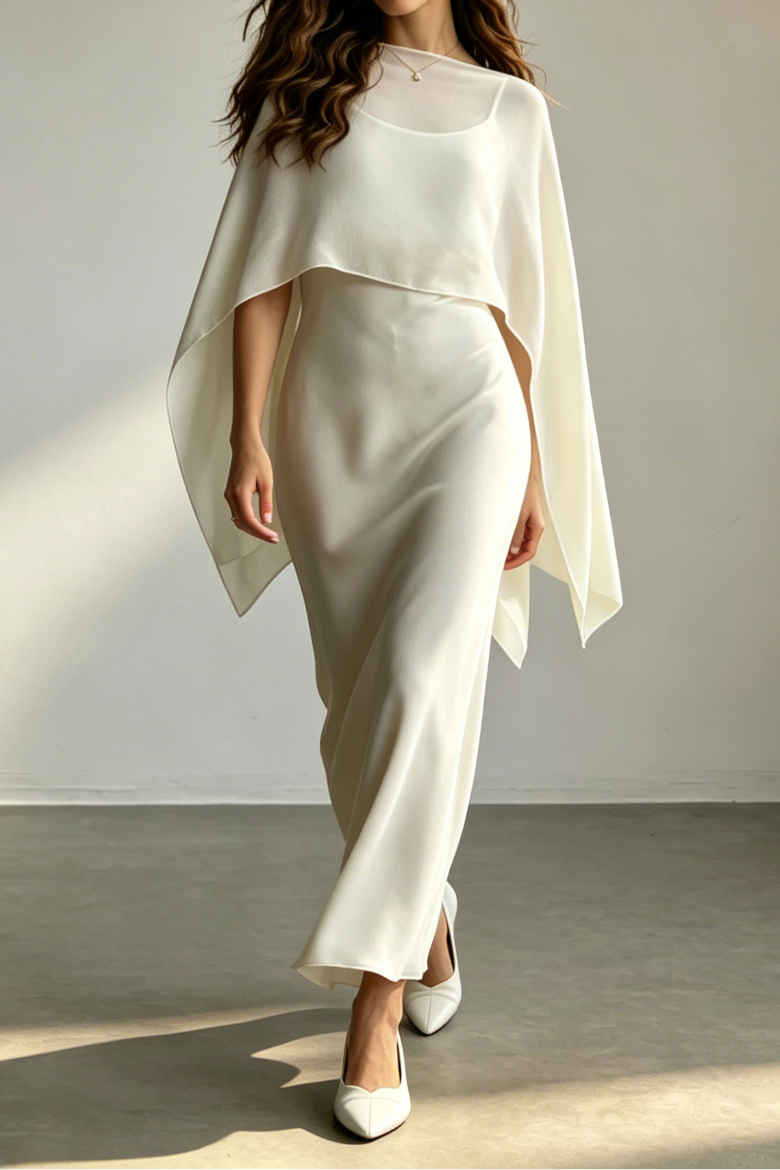 Ivory Satin Midi Slip Dress With Matching Chiffon Cape Overlay