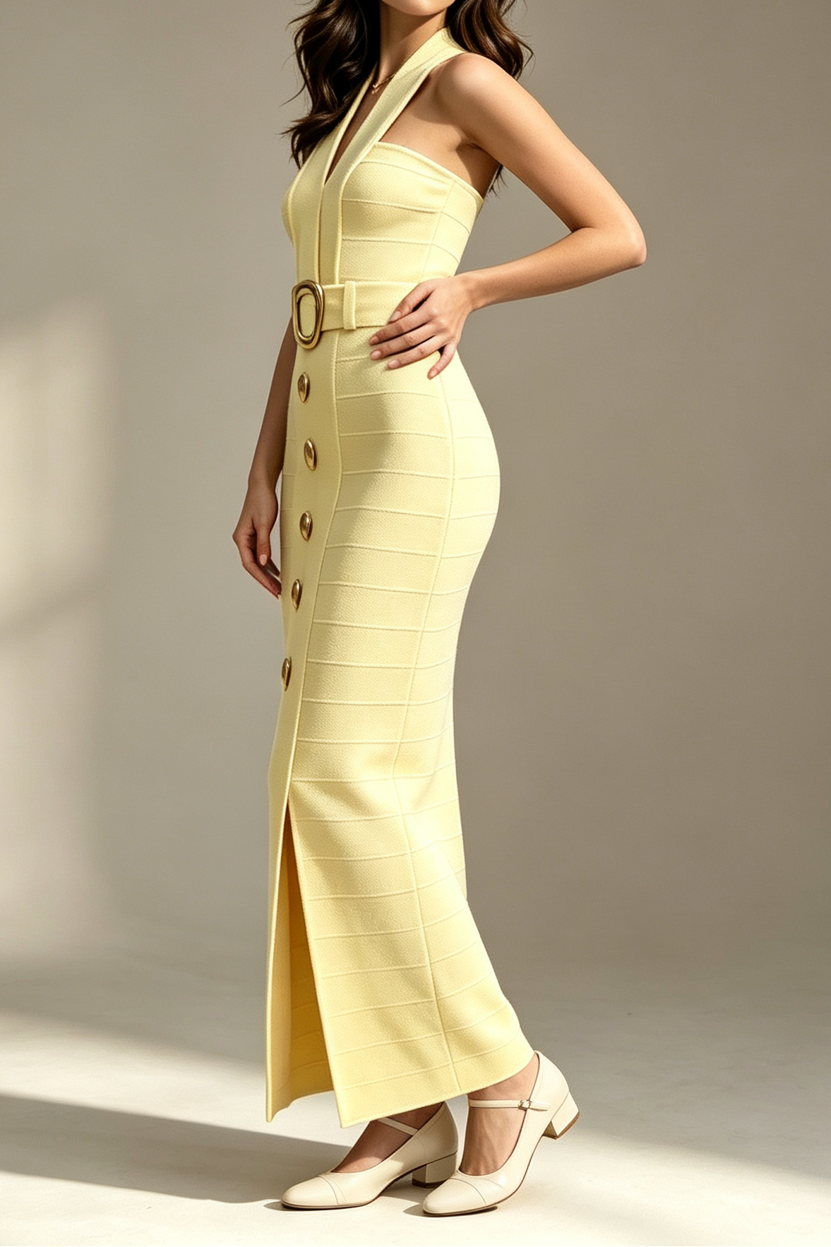 Pale Yellow Deep V Halter Neck Wide Gold Buckle Belt Metal Button Front High Side Slit Bandage Midi Dress