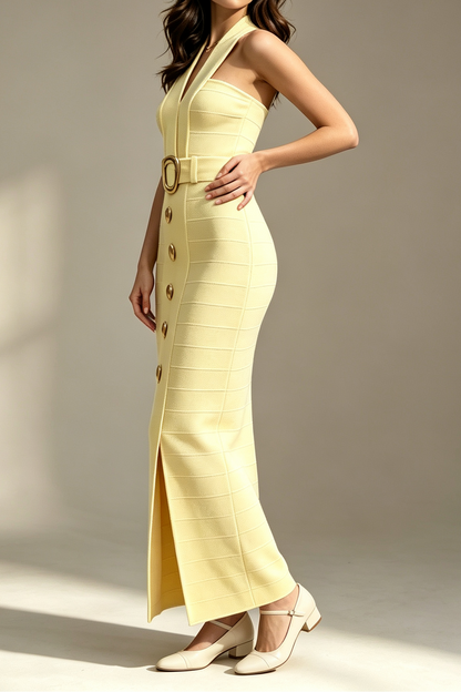 Pale Yellow Deep V Halter Neck Wide Gold Buckle Belt Metal Button Front High Side Slit Bandage Midi Dress
