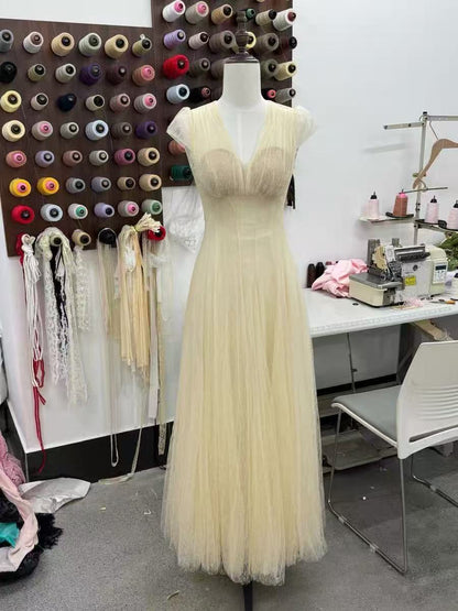 Glitter Tulle Cap Sleeve V-Neck Empire Waist Flowy Maxi Dress