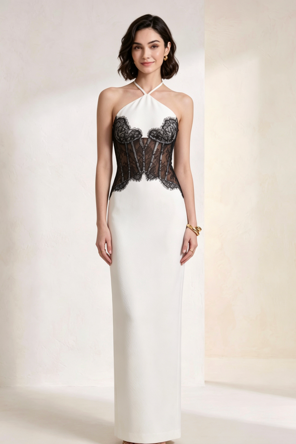 White Crepe Column Dress with Black Floral Lace Corset