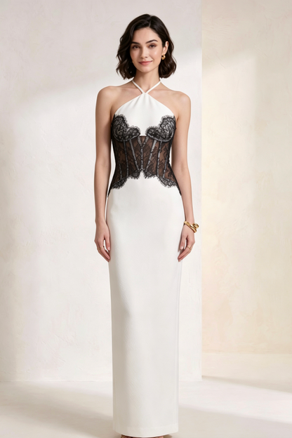 White Crepe Column Dress with Black Floral Lace Corset