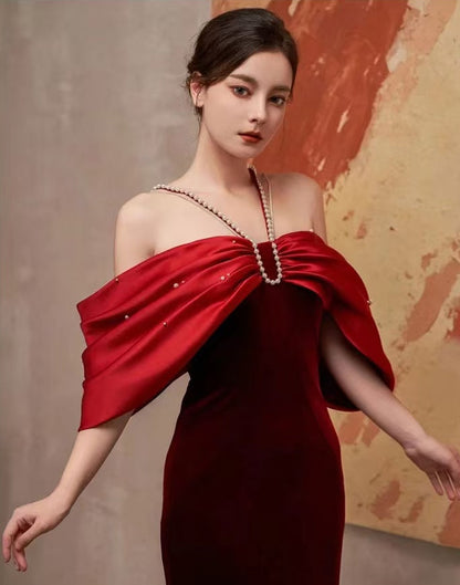 Tove Off Shoulder Velvet Maxi Dress - Red