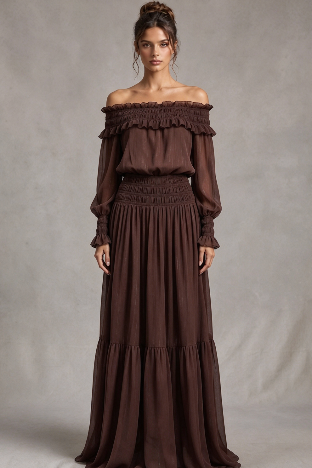 Chocolate Brown Textured Chiffon Blouson Maxi Dress with Tiered Skirt