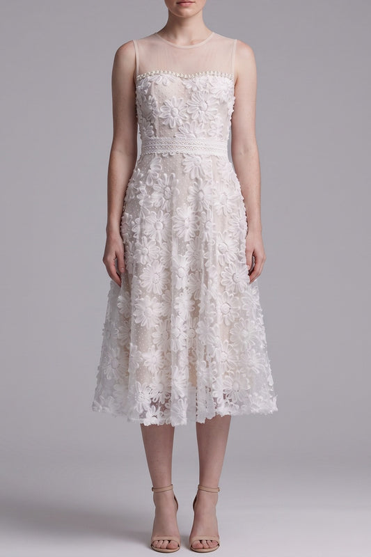 Sheer Mesh Mock Neck Sleeveless 3D Floral Tulle Midi Dress