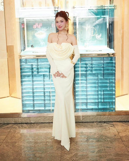 lila flower embellished pleated strapless maxi dress in white