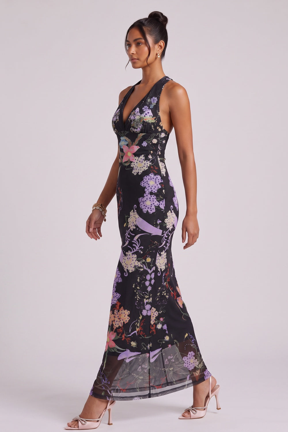 Black Sheer Mesh Fitted Column Maxi Dress with Engineered Floral Print black sheer mesh dress - product view 3