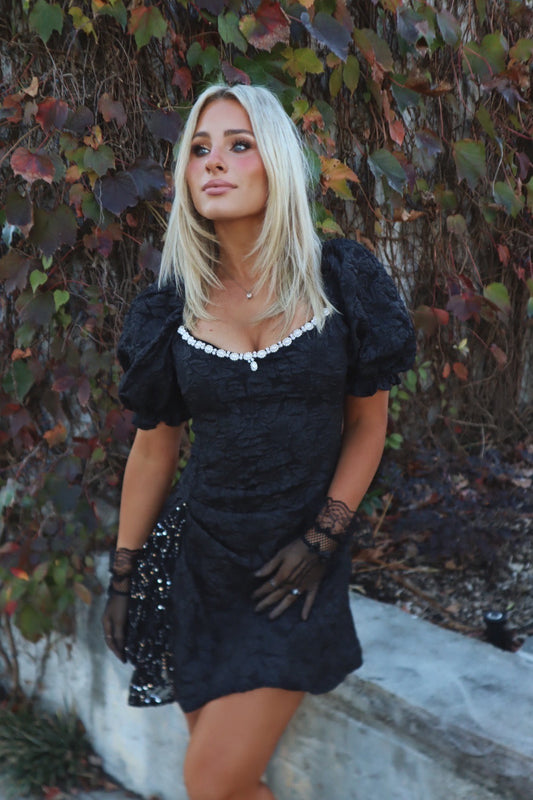 Enchanted LBD mini dress in black