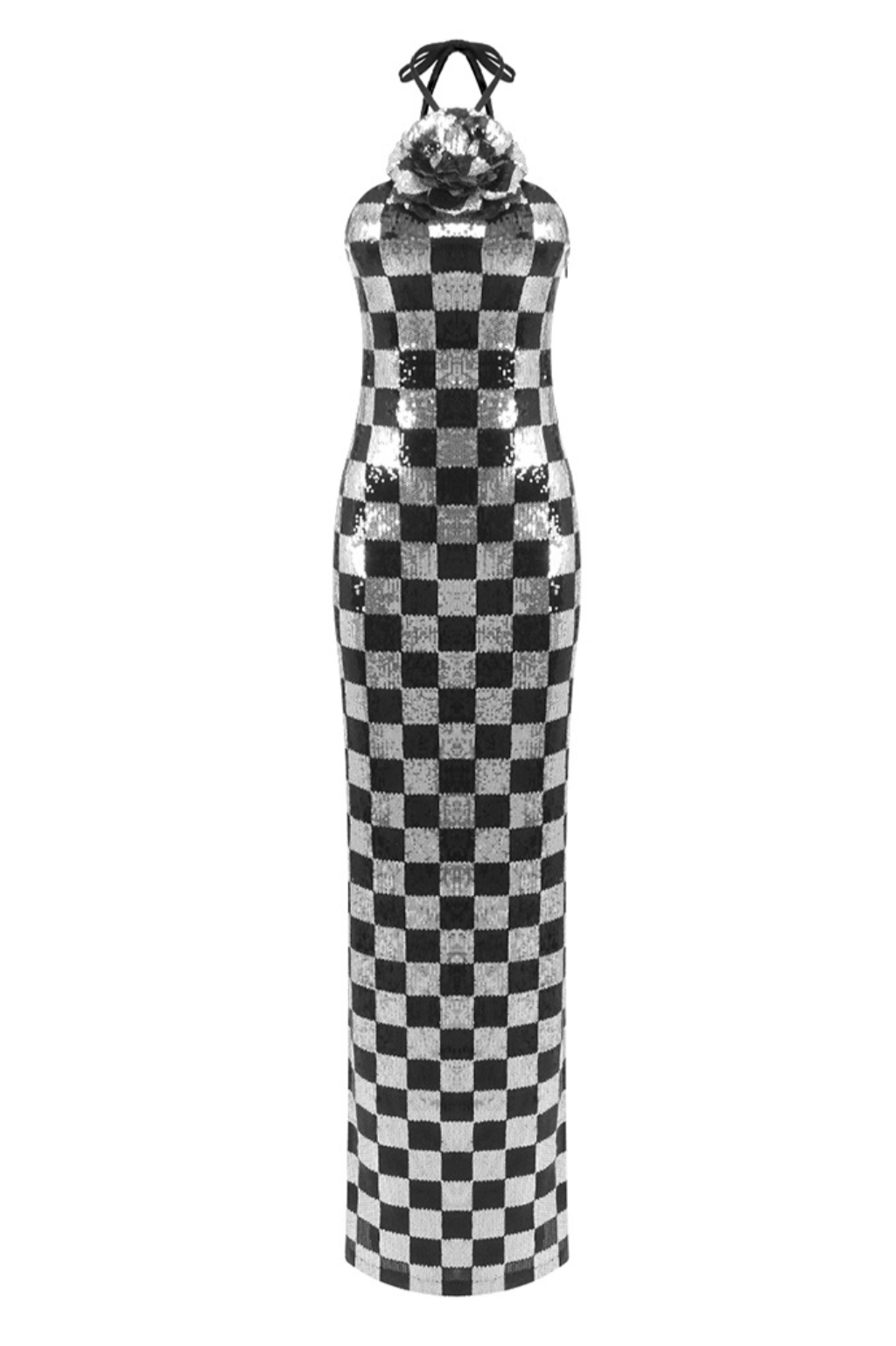 checkerboard sequin halter gown with flower