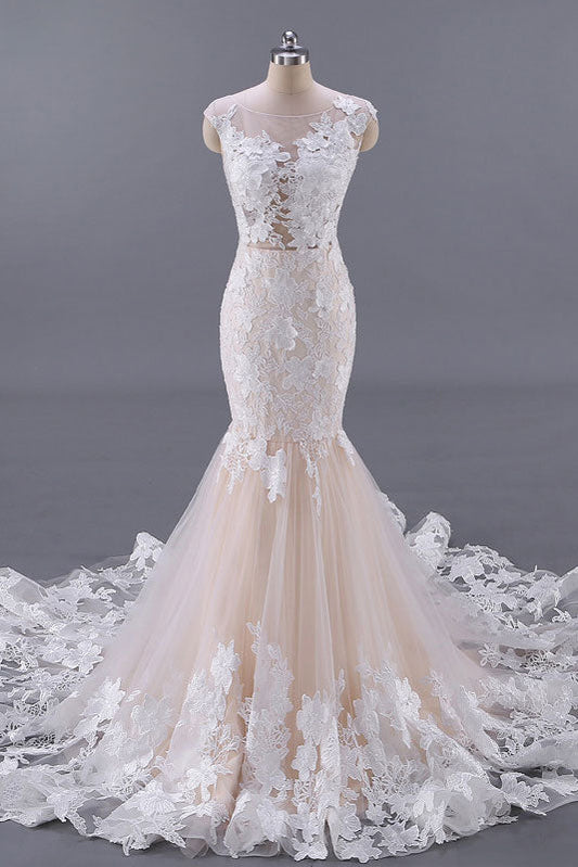champagne tulle lace prom dress