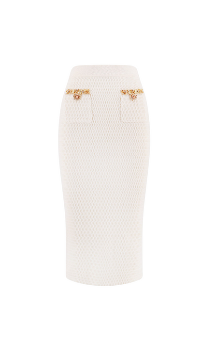 cream lurex knit midi skirt
