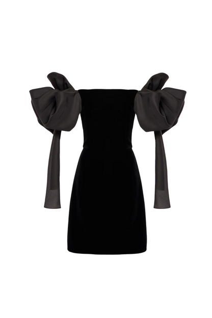 julie bow Off-shoulder mini dress in black