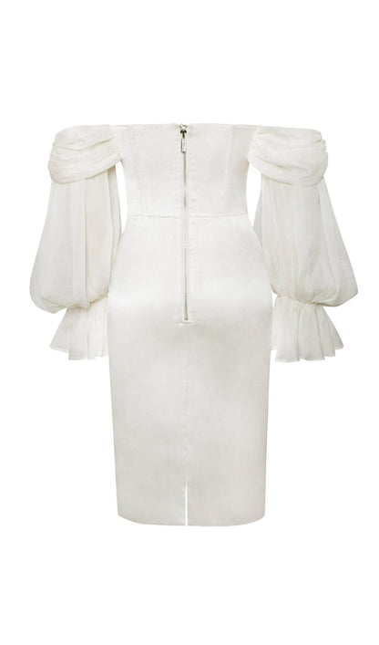 LYDIA PEARL WHITE SATIN OFF SHOULDER PUFF SLEEVE DRESS Dresses styleofcb 