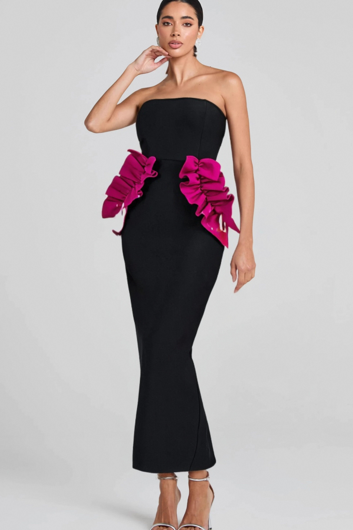 PLEATED ORNAMENTED BANDAGE MAXI DRESS IN BLACK