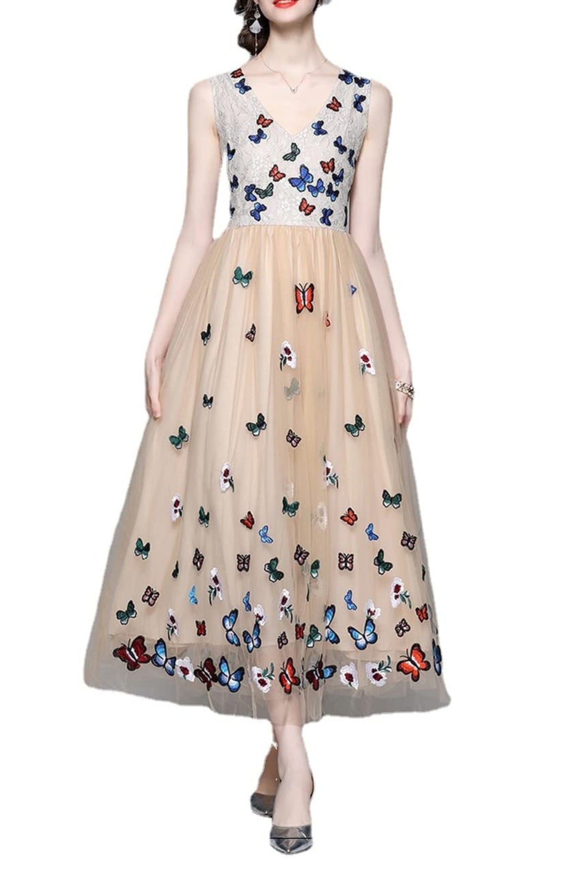 BUTTERFLY LACE MIDI DRESS IN BEIGE
