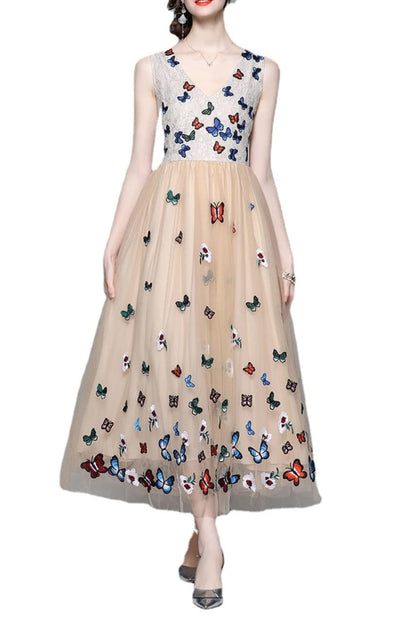 BUTTERFLY LACE MIDI DRESS IN BEIGE