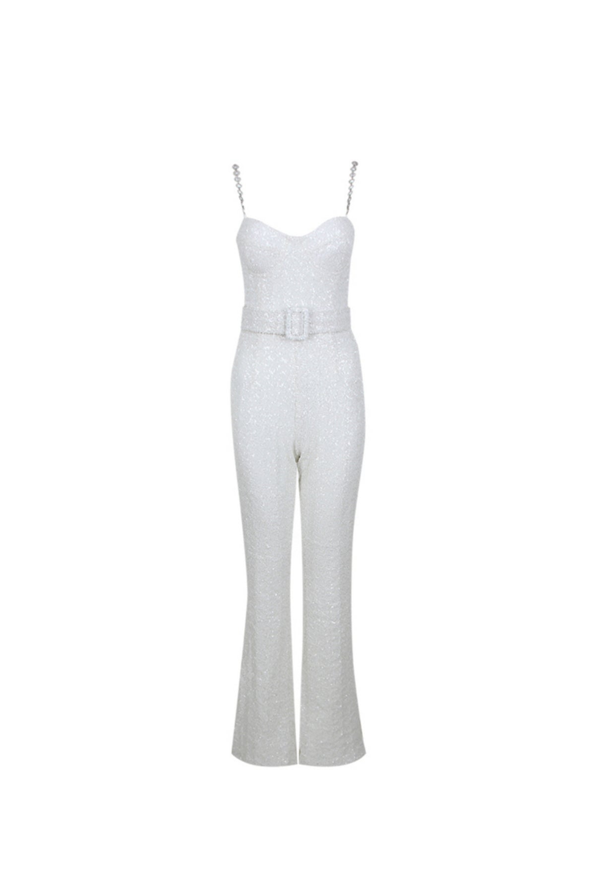 JACQUARD DIAMANTE STRAP FLARED JUMPSUIT WITH BELT