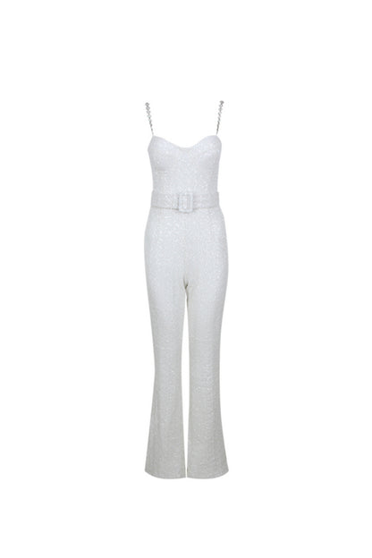 JACQUARD DIAMANTE STRAP FLARED JUMPSUIT WITH BELT