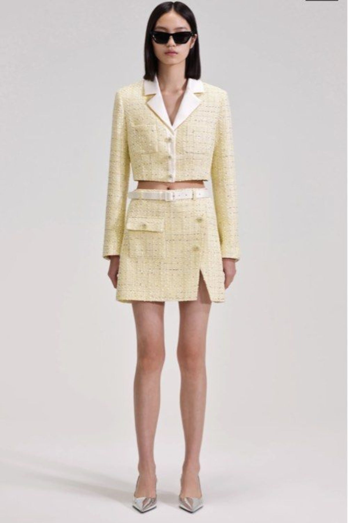 YELLOW COLOR LIGHT THIN TWEED SHORT COAT & SKIRT