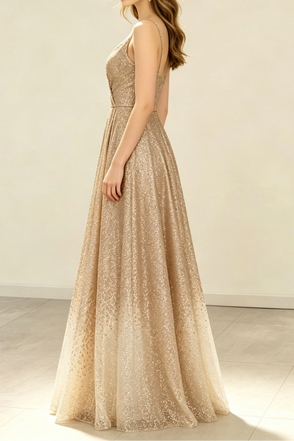 Gold V-Neck Sequins Prom Dress