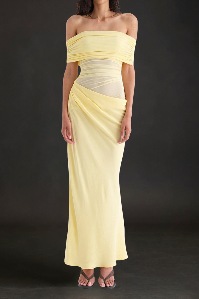 Reanko Off Shoulder Ruched Mesh Maxi Dress - Yellow