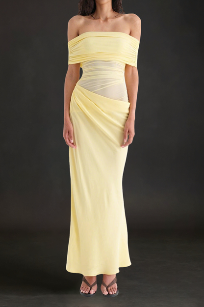 Reanko Off Shoulder Ruched Mesh Maxi Dress - Yellow