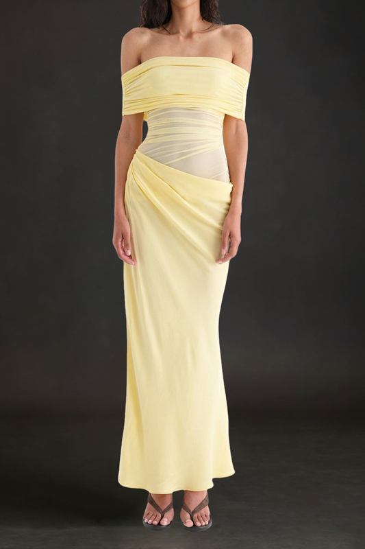 Reanko Off Shoulder Ruched Mesh Maxi Dress - Yellow