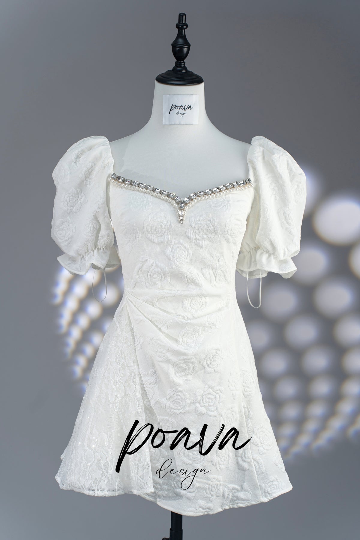 White embellished puff sleeve mini dress