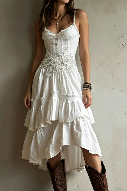 Corset-Style Embroidery Lace Trim Tiered Midi Dress