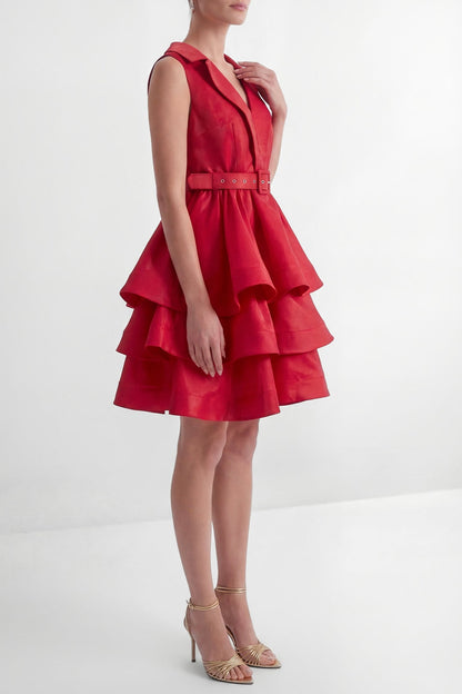 jessica Red V-neck Tiered Ruffle Mini Dress