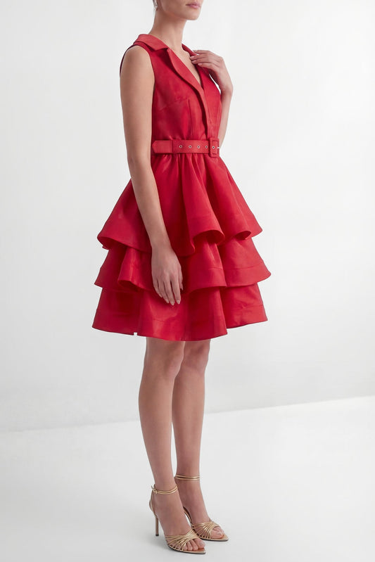 jessica Red V-neck Tiered Ruffle Mini Dress