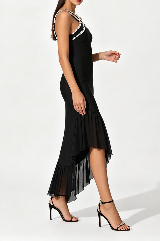 Black Rhinestone Crisscross Halter Asymmetric Pleated Midi Bandage Dress