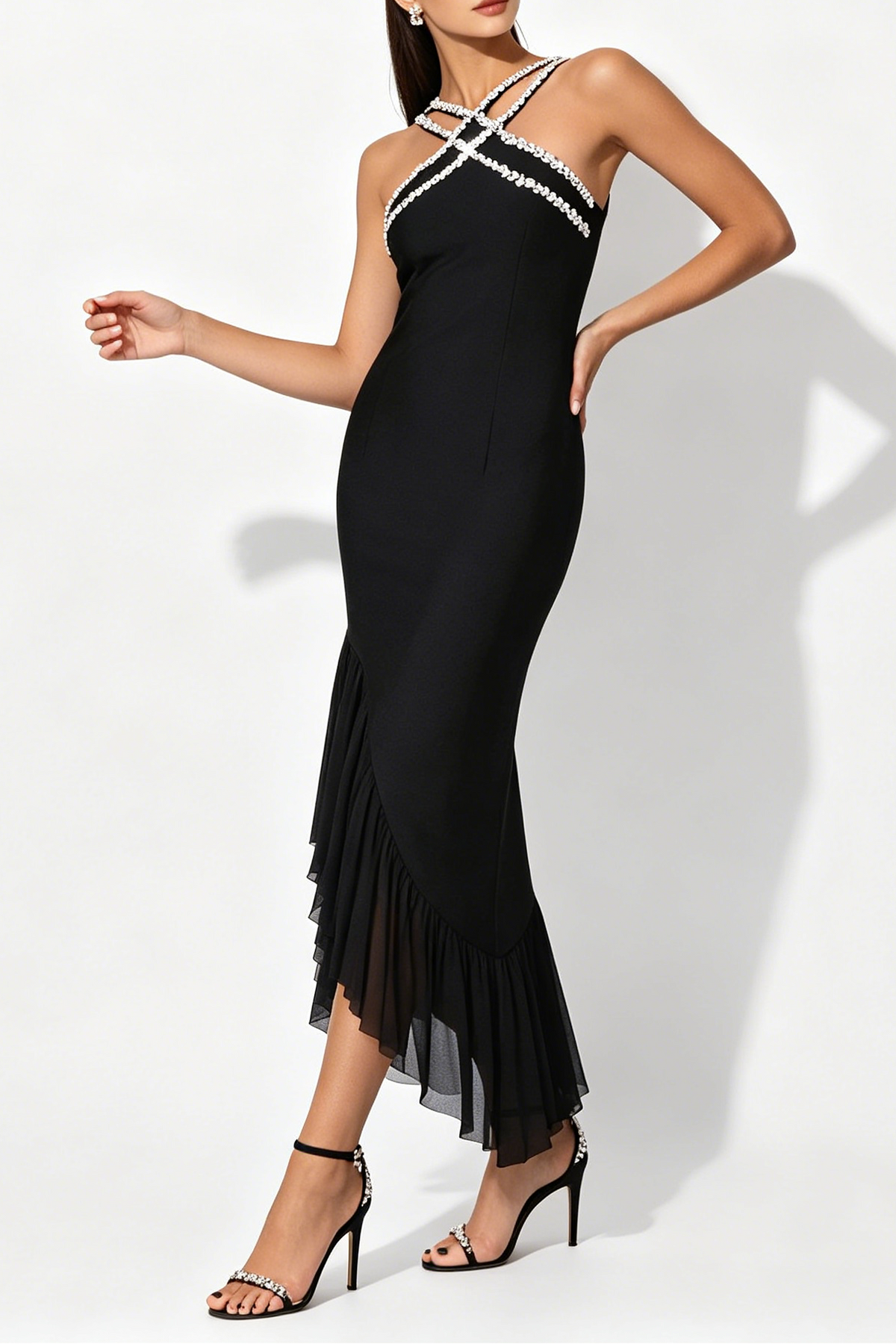 Black Rhinestone Crisscross Halter Asymmetric Pleated Midi Bandage Dress