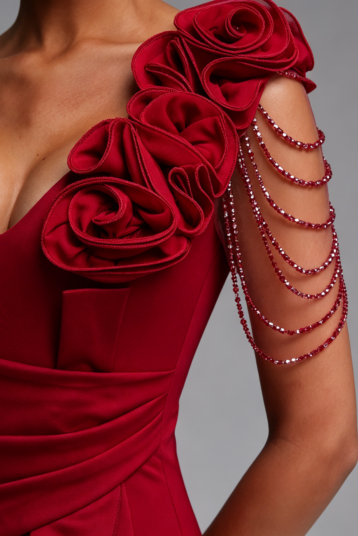 Burgundy 3D Floral Bead Tassel Ruffle High Slit Mermaid Maxi Gown