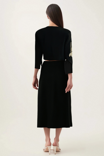 Pauline black floral-appliqué jacket & skirt matching set