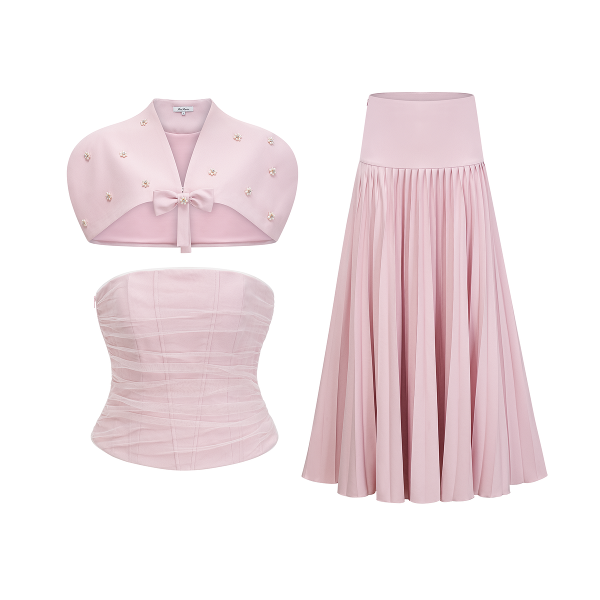 Cape Bow Pearl Corset Pleated Maxi Dress