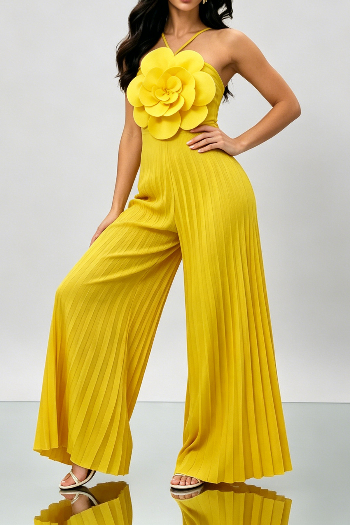 Bright Yellow 3D Floral Halter Pleated Wide Leg Jumpsuit