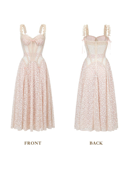 aurora lace floral embroidery midi dress in nude
