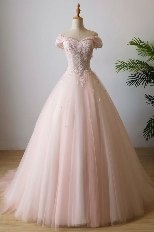Pink off shoulder tulle lace dress