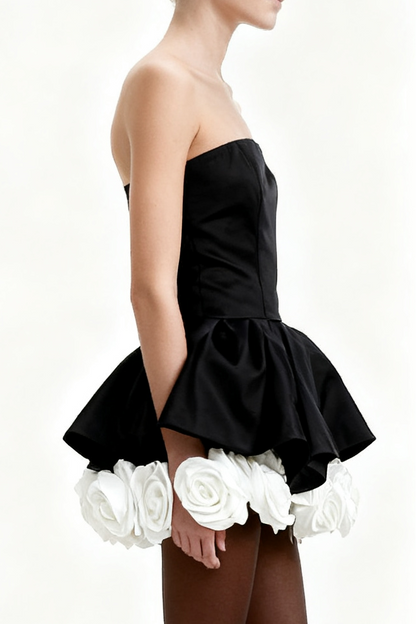 Lucie black petal-layered strapless corset mini dress