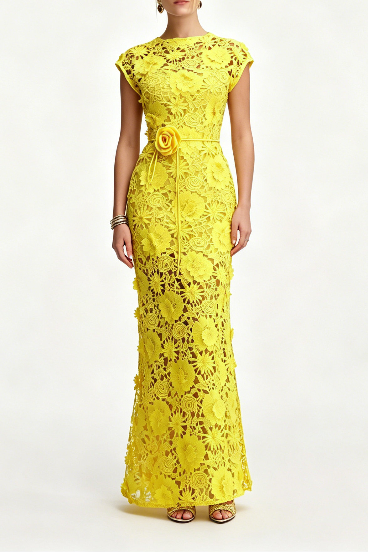 Bright Yellow 3D Floral Lace Cap Sleeve Belted Mermaid Maxi Dress