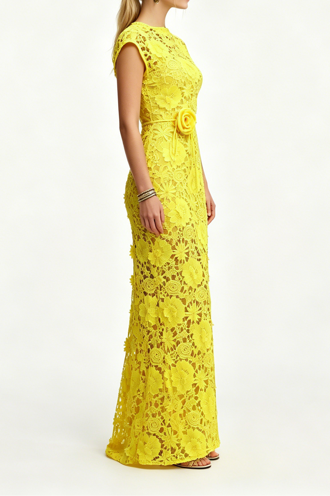 Bright Yellow 3D Floral Lace Cap Sleeve Belted Mermaid Maxi Dress