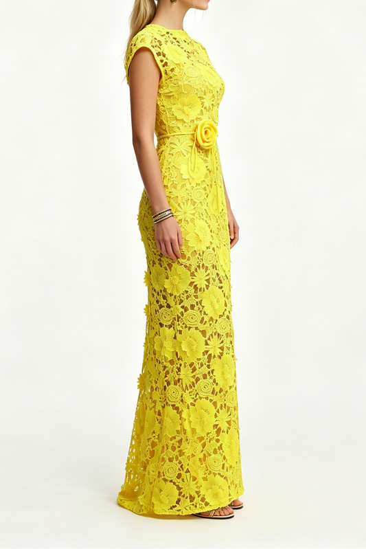 Bright Yellow 3D Floral Lace Cap Sleeve Belted Mermaid Maxi Dress