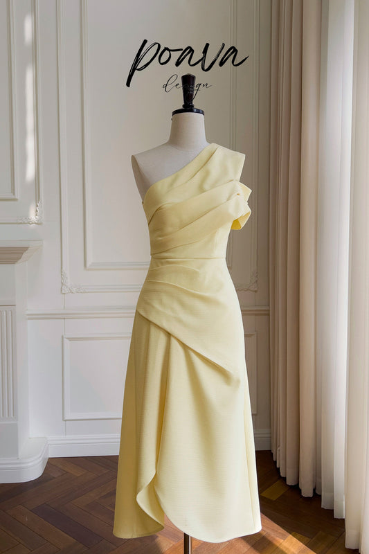 Silvie Asymmetric One Shoulder Tweed Midi Dress In Yellow