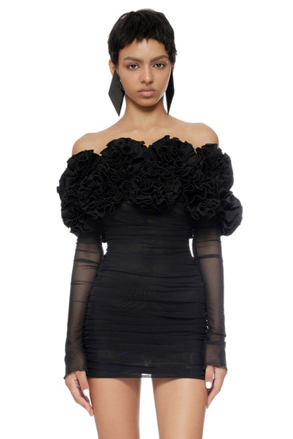 Floral off shoulder mini dresses in black