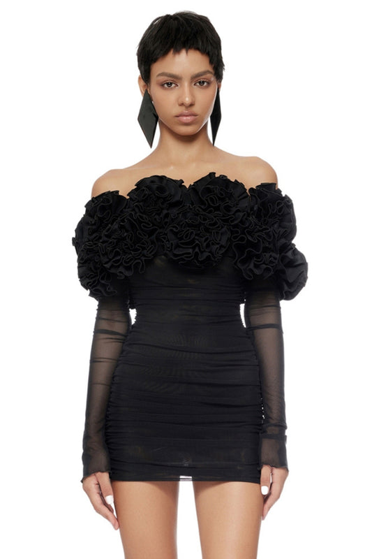 Floral off shoulder mini dresses in black