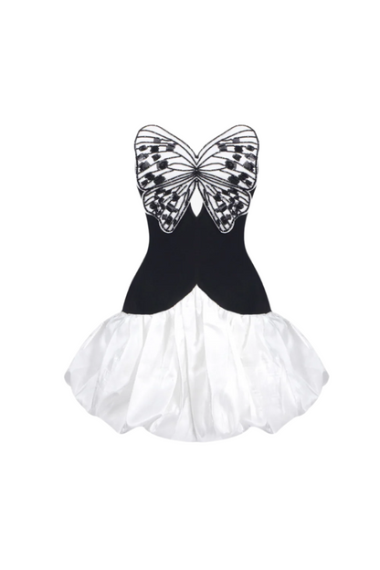 Butterfly Embroidered Bodice Puffball mini Dress in black