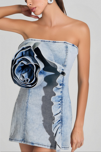 ALISON BLUE RUFFLED TRIM STRAPLESS DENIM MINI DRESS