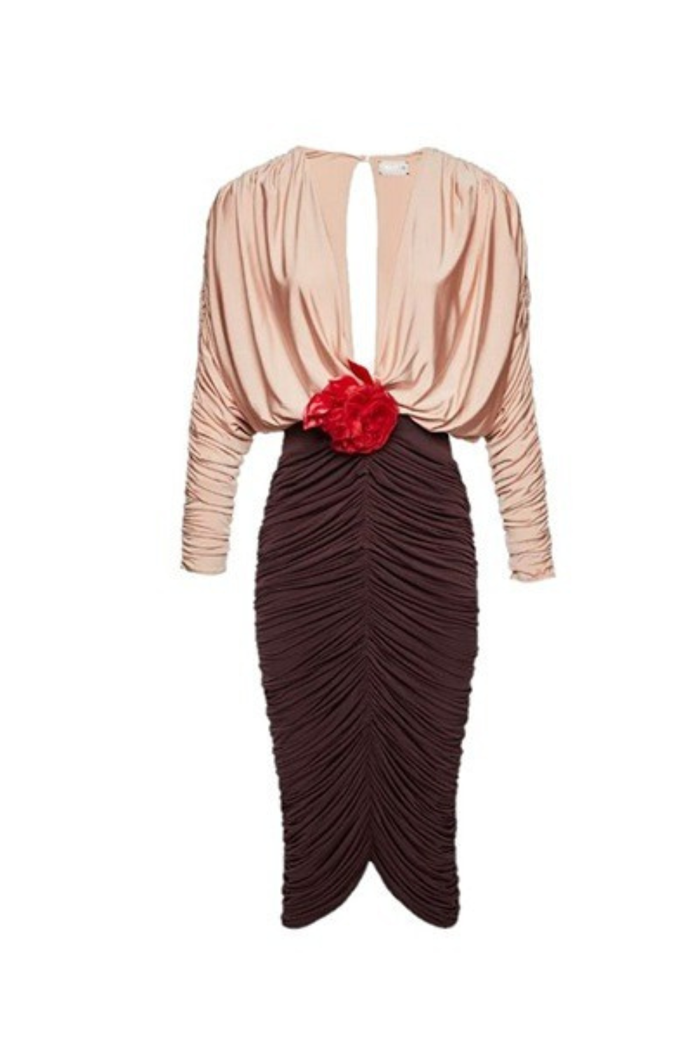 Long Sleeve Two-Tone pleated Midi Dress in Brown