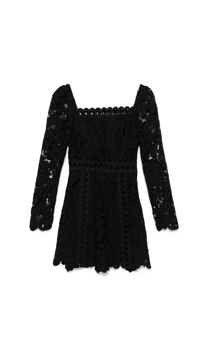 floral-motif hollow lace mini dress in black